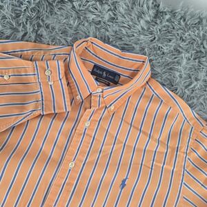 Ralph Lauren Mens 17 36/37 Orange Blue Striped Classic Fit Button Down Shirt